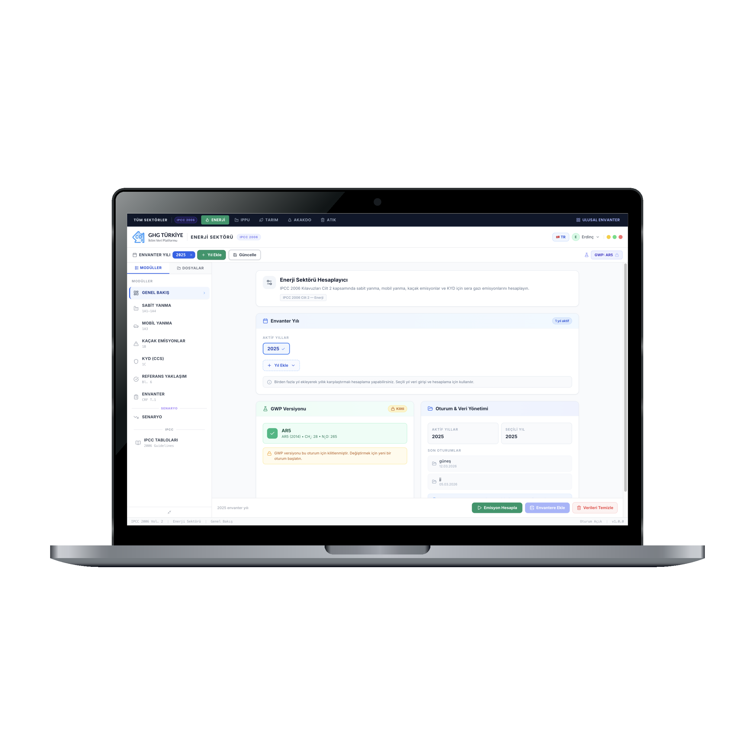 GHG Hesaplama Platformu Ekranı